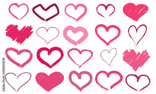 Painted hearts collection. Hand drawn valentine day design elements from brush strokes. Distress texture love symbols. Isolated on white background. Vector illustration