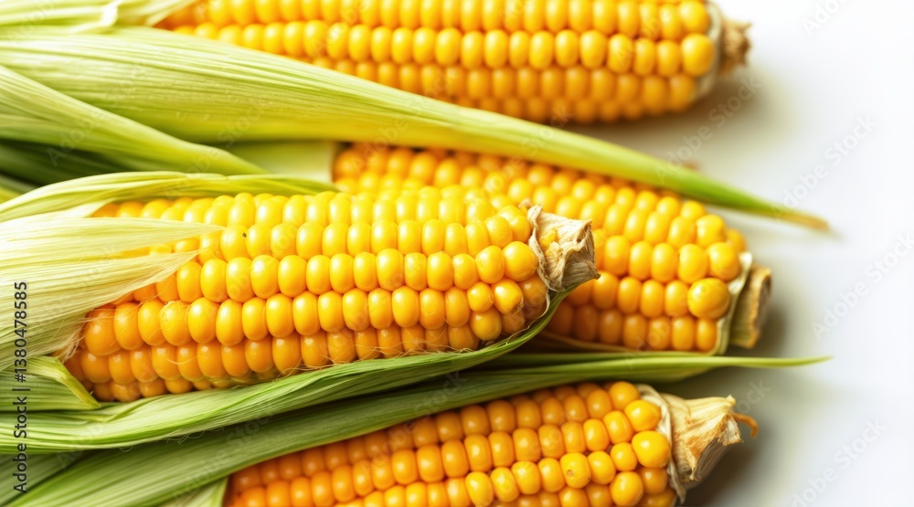 Top-down view of three fresh corn cobs, golden yellow kernels peeking through green husks, organic texture, bright lighting, white background, natural and healthy food presentation. Top-down view of three fresh corn cobs, golden yellow kernels peeking through green husks, organic texture, bright lighting, white background, natural and healthy food presentation.