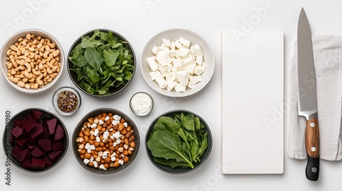 Colorful ingredients arranged neatly, showcasing fresh vegetable