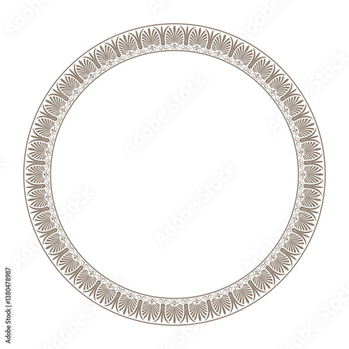 Beautiful golden round frame with classic Greek ornament. Circle of Ancient Greece, Roman Empire. Byzantine painting. Decoration of European palaces, for textiles, embroidery, sandblaster, porcelain