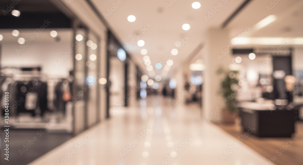Fototapeta premium Blurred view of a shopping mall hallway with storefronts and bright overhead lighting fixtures present