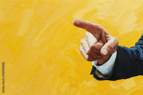 A close-up of a painted hand pointing, set against a vibrant yellow background, conveying direction and purpose.