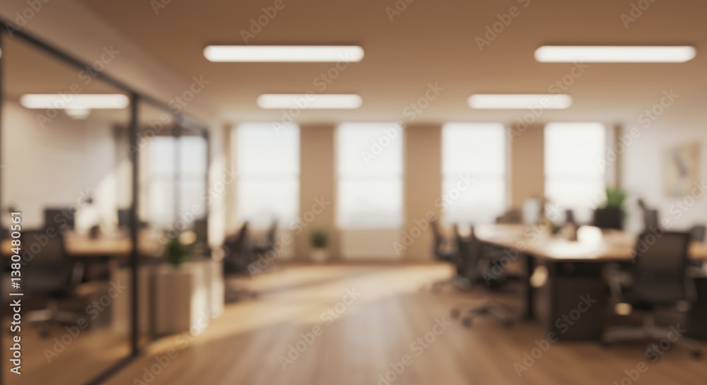 Fototapeta premium Blurred office space with desks chairs and windows creating a modern and professional environment