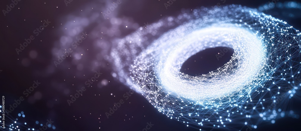 Fototapeta premium A glowing white and blue digital spiral made of interconnected particles, floating in the dark void of space