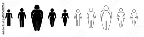 A man or woman diets and exercises from fat to fitness series frontal view. Figure and size person, body index mass. Vector