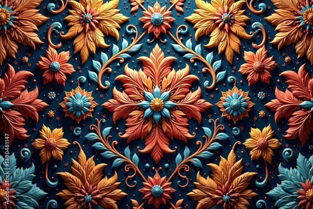 Intricate floral damask textile, opulent swirls , ornate, floral pattern, pattern