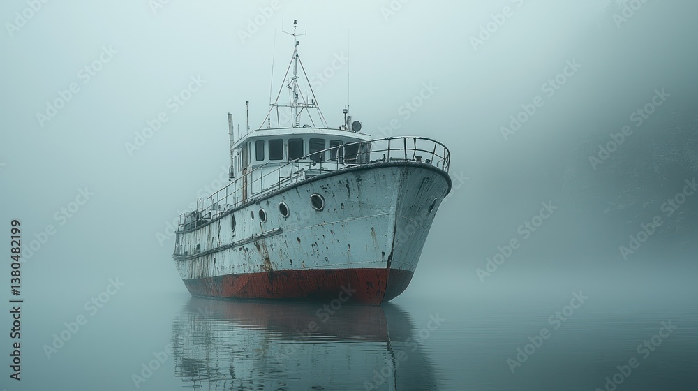 Fototapeta premium Enigmatic Vessel in Misty Waters: A Solitary Ship in Fog