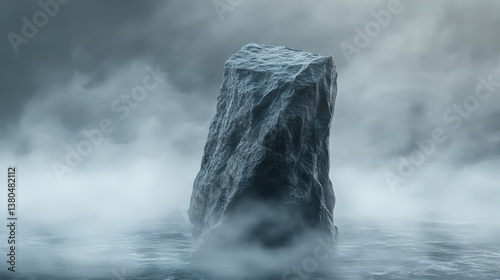 A lone rock monolith emerging from swirling fog, its surface wet with condensation from the misty air