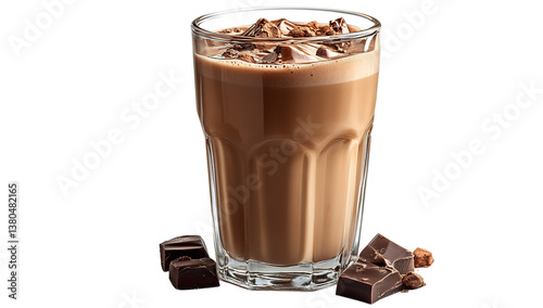 Glass of Iced Chocolate Drink with Chocolate Pieces – Cold, Creamy, and Indulgent Beverage, chocolate lovers, dessert drink, barista special, creamy delight, cafe menu,