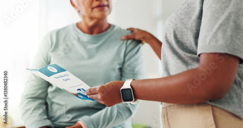 Fotografia Healthcare, patient and doctor with brochure for consultation, diagnosis information and clinic service