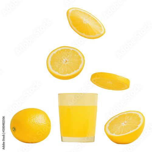 Fresh lemons and a glass of lemonade on a white isolated background. Perfect for summer drinks or refreshing beverage promotions. photo