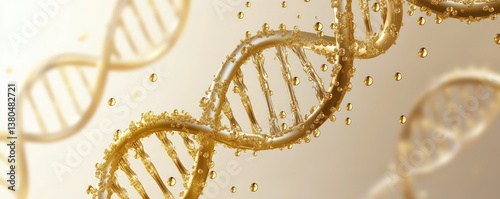A golden DNA double helix shimmering against a soft cream-colored background, with drops of golden liquid flowing gracefully along the strands, leaving reflective trails
