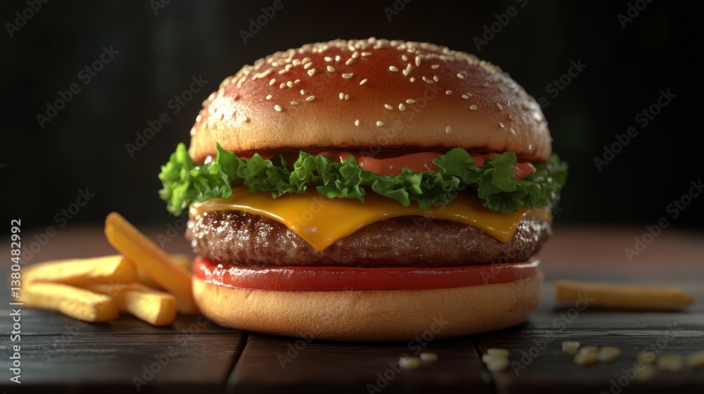 Cheeseburger with lettuce, tomato, cheddar cheese, and beef patty on a wooden table with fries. Fast food concept Cheeseburger with lettuce, tomato, cheddar cheese, and beef patty on a wooden table with fries. Fast food concept