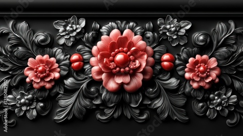 Elegant Black and Red Floral Carving: A Masterpiece of Intricate Design photo