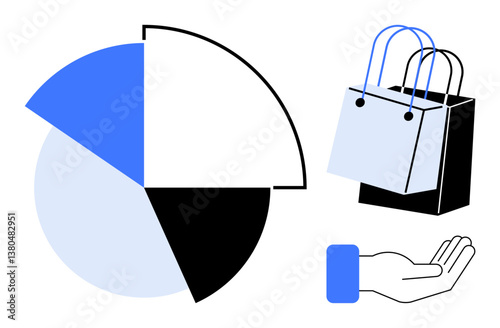Pie chart alongside shopping bags and a helping hand, representing sales, market trends, and customer support. Ideal for business strategy, market research, economic growth, e-commerce, retail