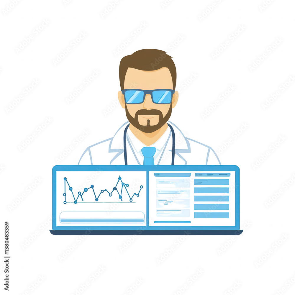 Illustration of a doctor with sunglasses, analyzing data on a computer screen. The image showcases modern healthcare technology and professionalism. Illustration of a doctor with sunglasses, analyzing data on a computer screen. The image showcases modern healthcare technology and professionalism.