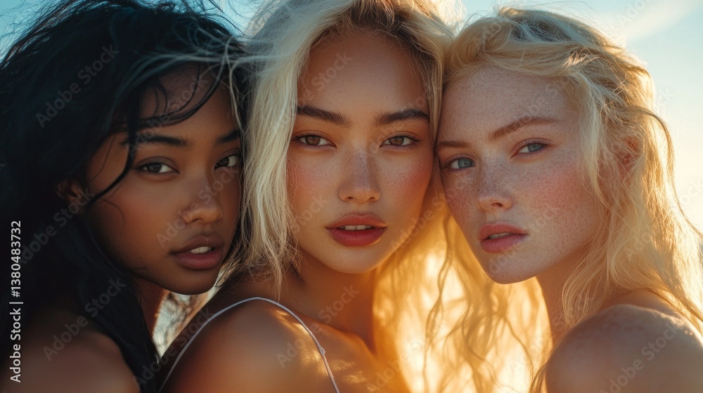 Fototapeta premium Sunlight casts a warm glow on three friends standing close together, showcasing their vibrant personalities and unique beauty during a magical sunset by the ocean