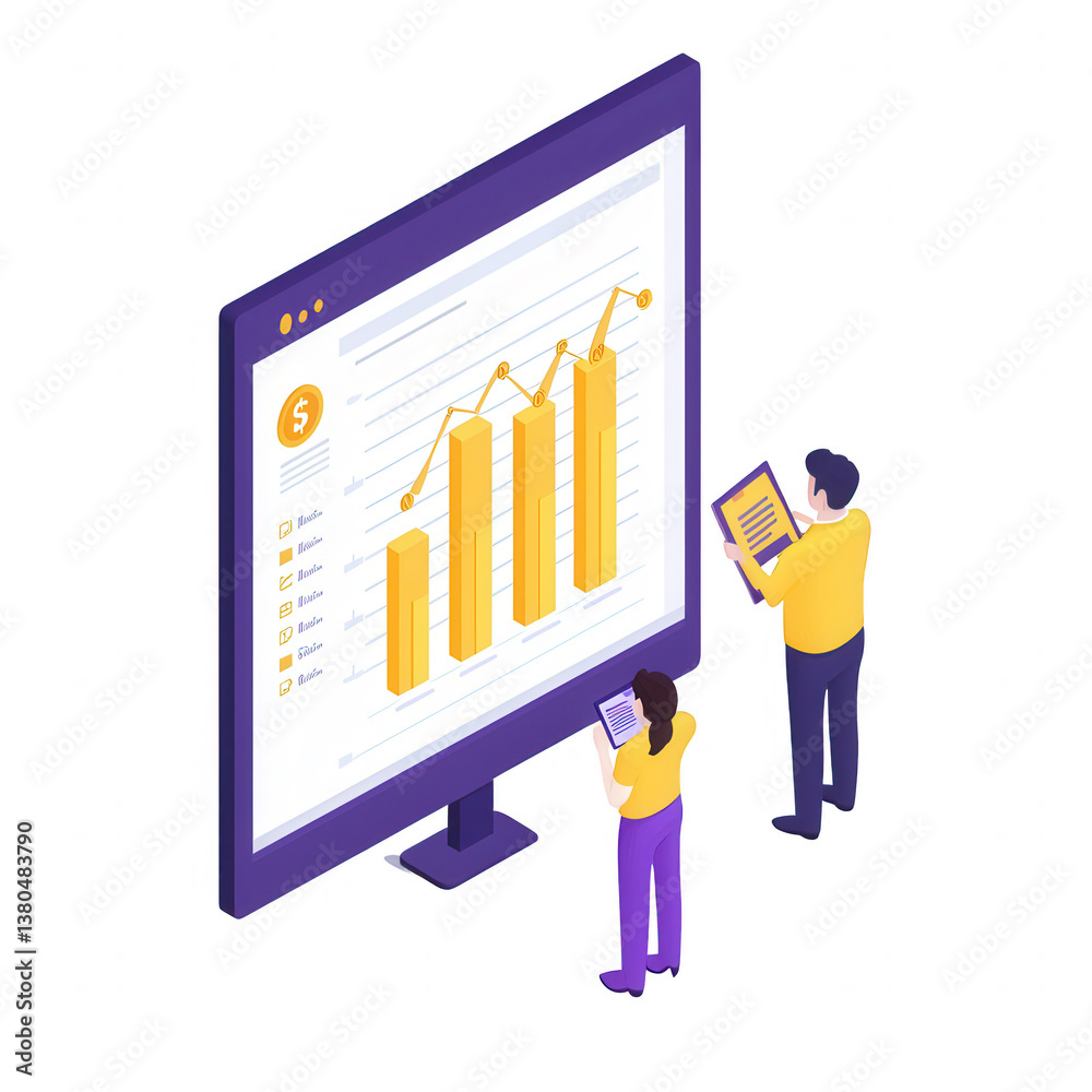 Illustration of two professionals analyzing business growth on a large screen with graphs and charts, showcasing teamwork and data analysis in a modern workspace. Illustration of two professionals analyzing business growth on a large screen with graphs and charts, showcasing teamwork and data analysis in a modern workspace.