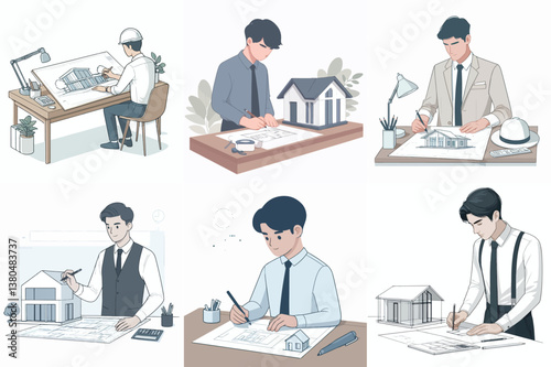 An architect is drawing a building sketch on the table