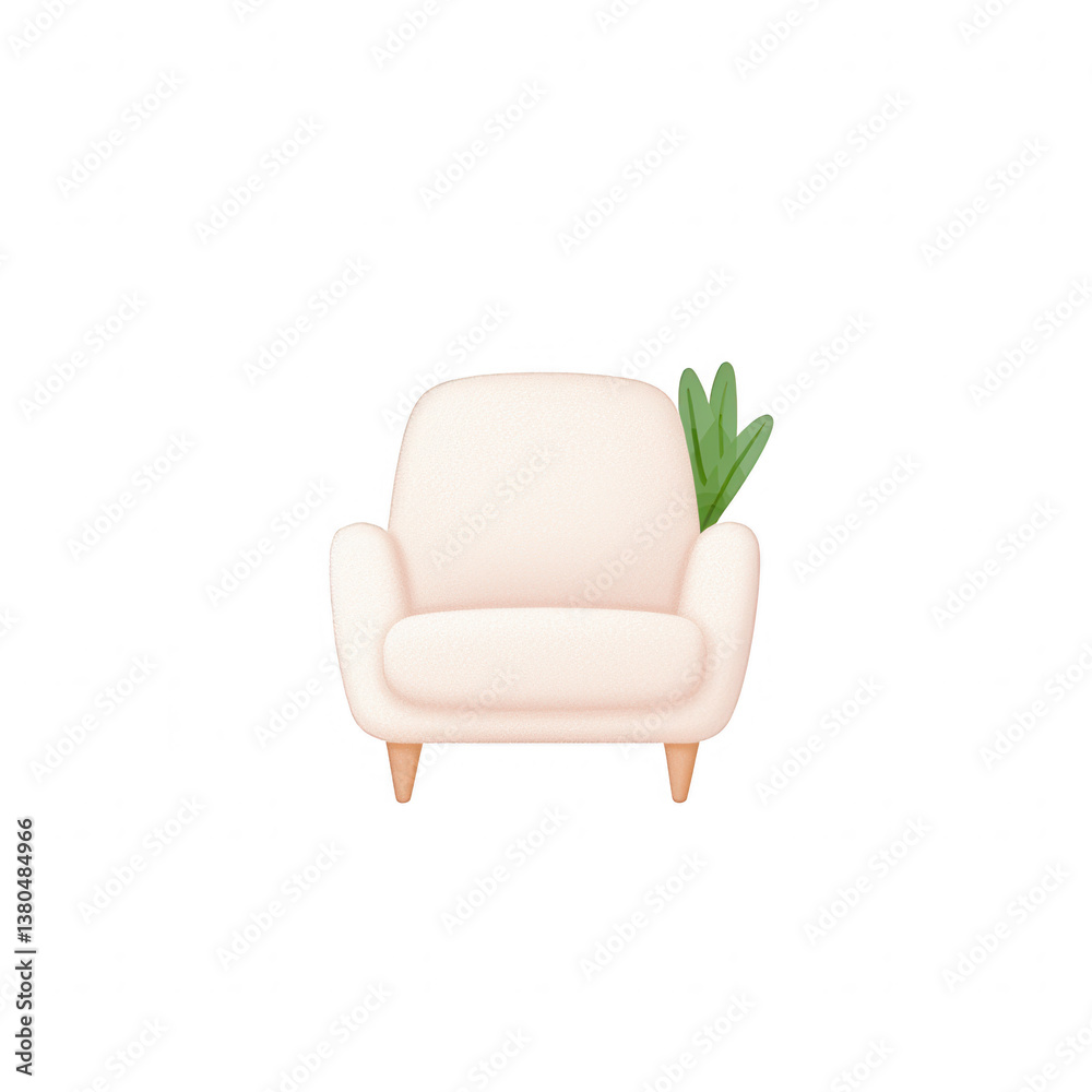 Fototapeta premium A cozy pink armchair with green leaves for a touch of nature, perfect for a modern living space or relaxation area, against a white background.
