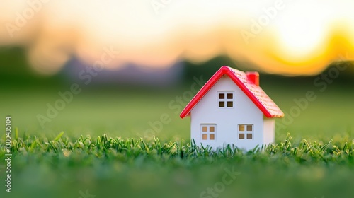 Wallpaper Mural A small toy house sits on lush green grass, with a warm sunset glow in the background, creating a serene and inviting atmosphere. Torontodigital.ca