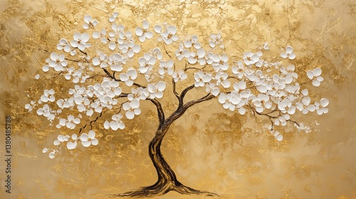 Elegant Cherry Blossom Tree With White Flowers Against a Golden Background in an Artistic Display