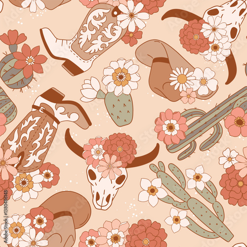 Seamless vector pattern with western cowboy boots, hat and blooming cactus. Hand drawn groovy rodeo background. EPS 10 vector file. Perfect for textile, wallpaper or nursery print design.