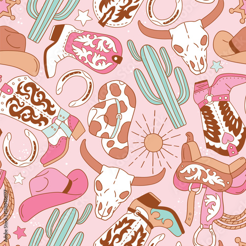 Seamless vector pattern with western cowboy boots, hat and horse riding equipment. Hand drawn groovy rodeo background. EPS 10 vector file. Perfect for textile, wallpaper or nursery print design.
