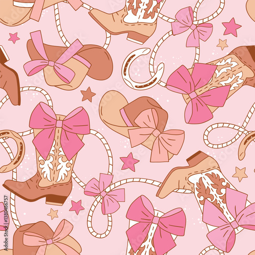 Seamless vector pattern with western cowgirl boots with bow and rope. Hand drawn rodeo background. EPS 10 vector file. Perfect for textile, wallpaper or nursery print design.