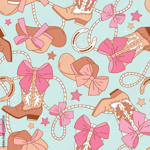 Seamless vector pattern with western cowgirl boots with bow and rope. Hand drawn rodeo background. EPS 10 vector file. Perfect for textile, wallpaper or nursery print design.