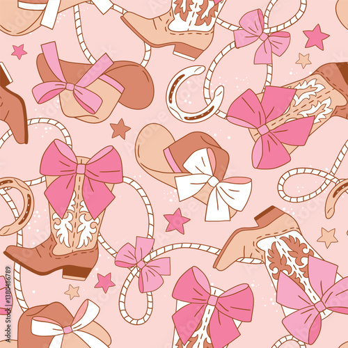 Seamless vector pattern with western cowgirl boots with bow and rope. Hand drawn rodeo background. EPS 10 vector file. Perfect for textile, wallpaper or nursery print design.