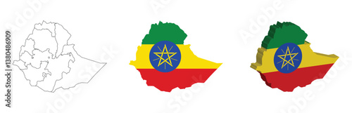 Ethiopia outline, fill with flag and 3d map