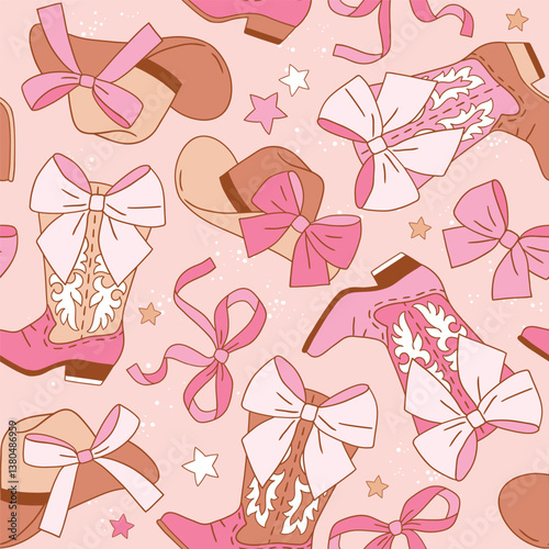 Seamless vector pattern with western cowgirl boots with bow and rope. Hand drawn rodeo background. EPS 10 vector file. Perfect for textile, wallpaper or nursery print design.