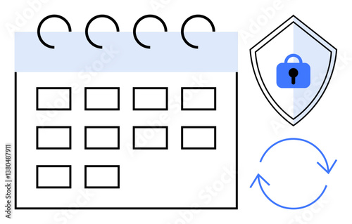 Calendar with spiral binding beside security shield with padlock and circular sync arrows. Ideal for time management, data security, synchronization, productivity, scheduling, cybersecurity, workflow