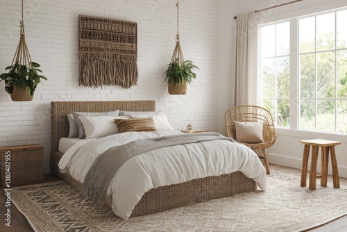A serene and modern bedroom decorated with natural elements