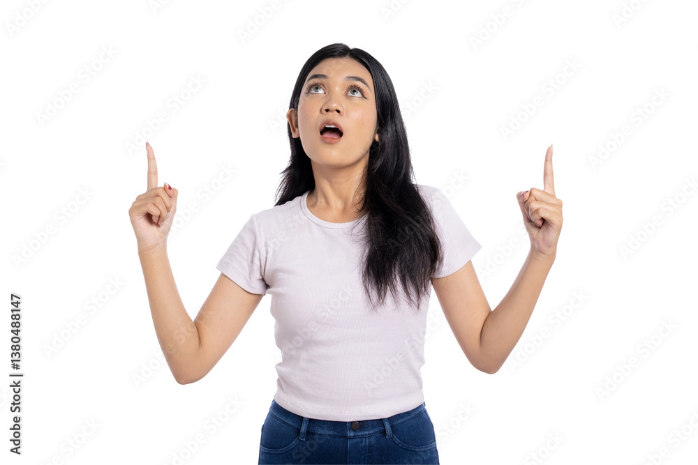 Young Asian woman pointing upwards with both hands, looking surprised or thoughtful, isolated on transparent background Young Asian woman pointing upwards with both hands, looking surprised or thoughtful, isolated on transparent background