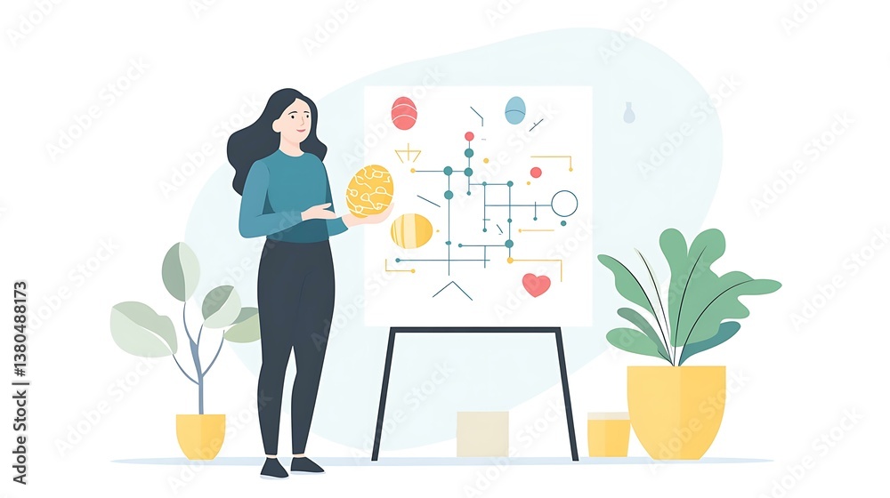 Obraz premium Female entrepreneur standing beside a flowchart, holding an Easter egg while explaining campaign strategies