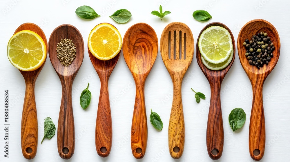 Wooden Spoons with Citrus Fruits, Spices, and Herbs on White Background Wooden Spoons with Citrus Fruits, Spices, and Herbs on White Background