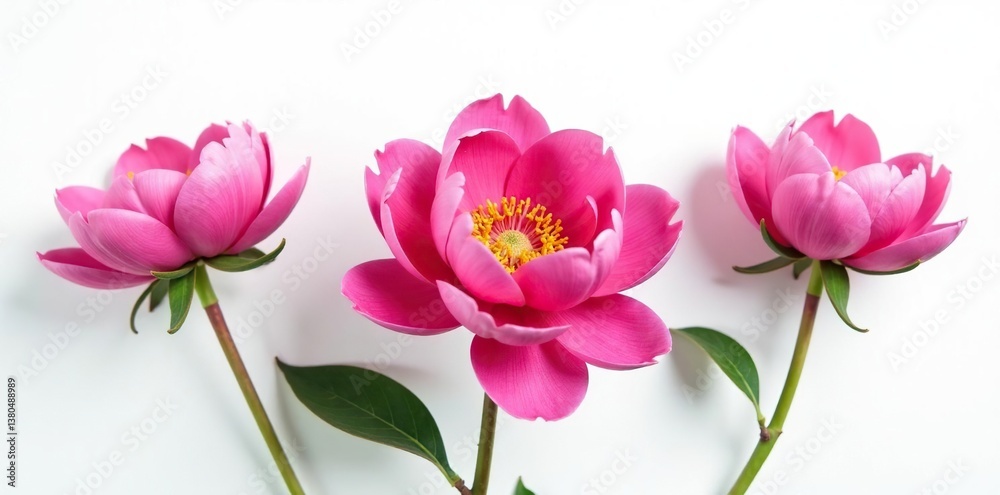 Fototapeta premium Small isolated pink peony flowers against white background with subtle shadows, shadows, pink
