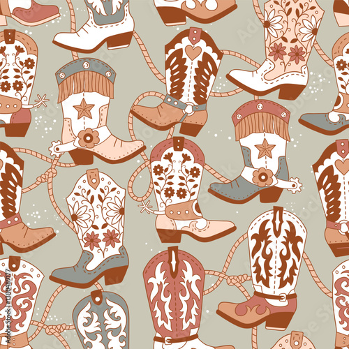 Seamless vector pattern with western cowboy boots. Hand drawn rodeo background. EPS 10 vector file. Perfect for textile, wallpaper or nursery print design.