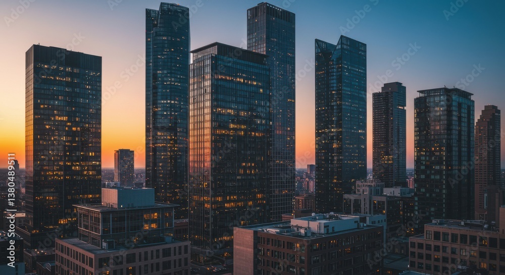 Fototapeta Cityscape view of tall buildings at sunset with orange and blue sky in the background twilight hour