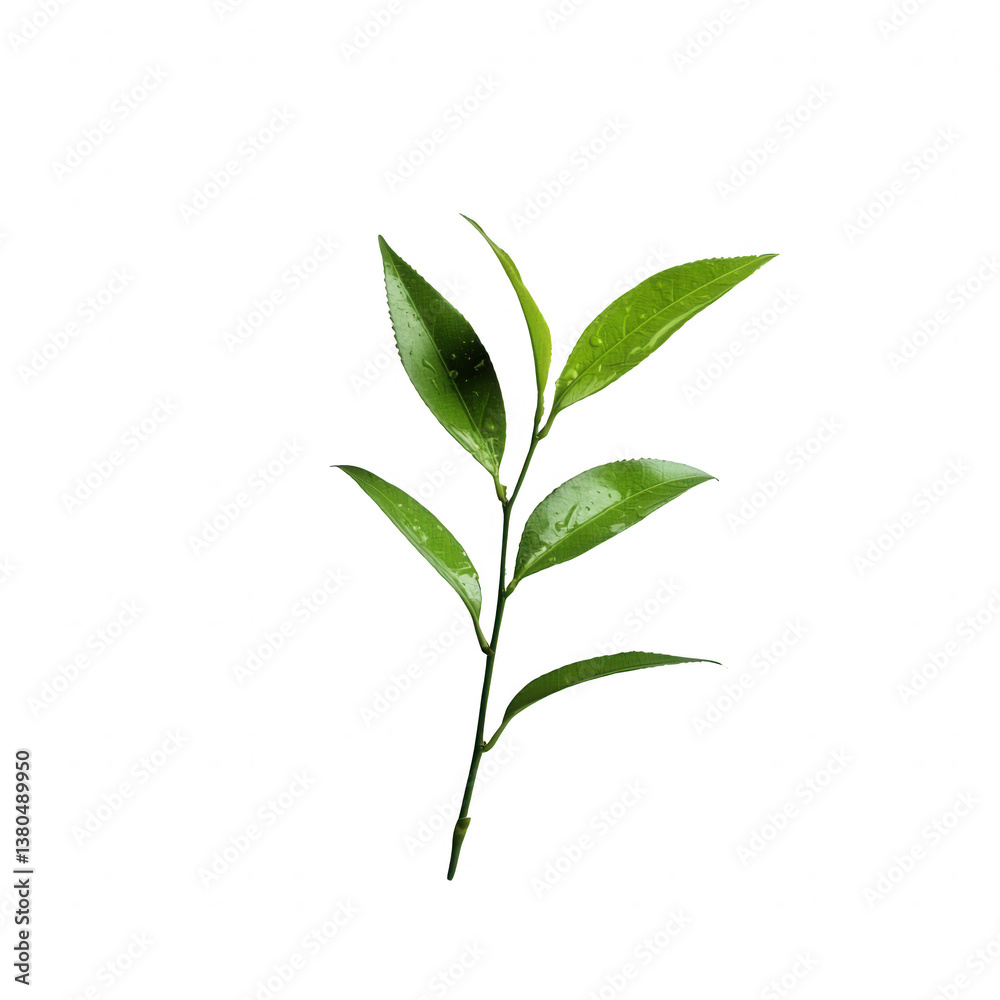 Fototapeta premium A green tea leaf branch featuring vibrant leaves, perfect for design projects, health topics, or culinary uses. Isolated on a white background for easy integration.