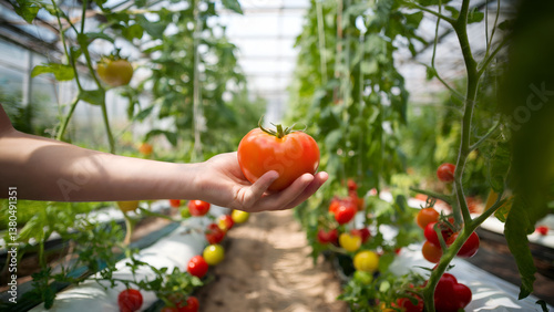 Here's a brief, helpful description of the image, suitable for alt text: Hand holds a tomato in a greenhouse, ready to be added to your stock content. Lush green plants emphasize gardening, fresh prod