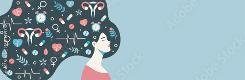 Vector banner International Women's Health Day. Woman with long hair and elements of health medicine, uterus, flowers, heart, clock, emphasizing women's awareness of mental health. For health projects