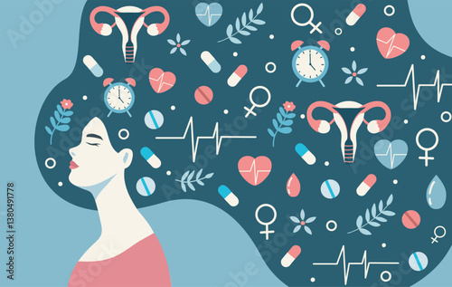  International Women's Health Day. Women with long hair and elements of medicine health, uterus, clock, flowers, heart. Women's mental health. Vector illustration place for text for health projects