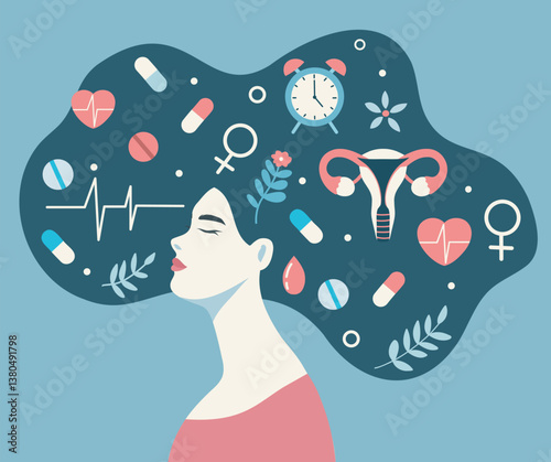 Vector illustration for International Women's Health Day. Elements include health related icons on a background of female hair. Silhouette of a woman highlighting awareness of female mental health
