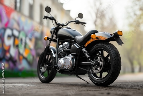 Stylish motorcycle parked against vibrant graffiti wall, showcas