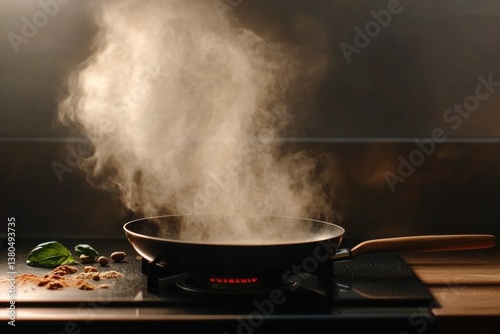 Steam rising from frying pan, capturing essence of cooking momen