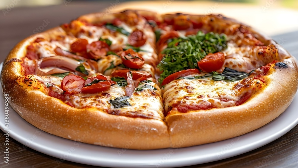 A pizza divided into sections, topped with tomatoes, greens, and cheese, placed on a white plate. Concept Pizza Presentation, Gourmet Toppings, Fresh Ingredients, Culinary Art, Plate Aesthetics A pizza divided into sections, topped with tomatoes, greens, and cheese, placed on a white plate. Concept Pizza Presentation, Gourmet Toppings, Fresh Ingredients, Culinary Art, Plate Aesthetics