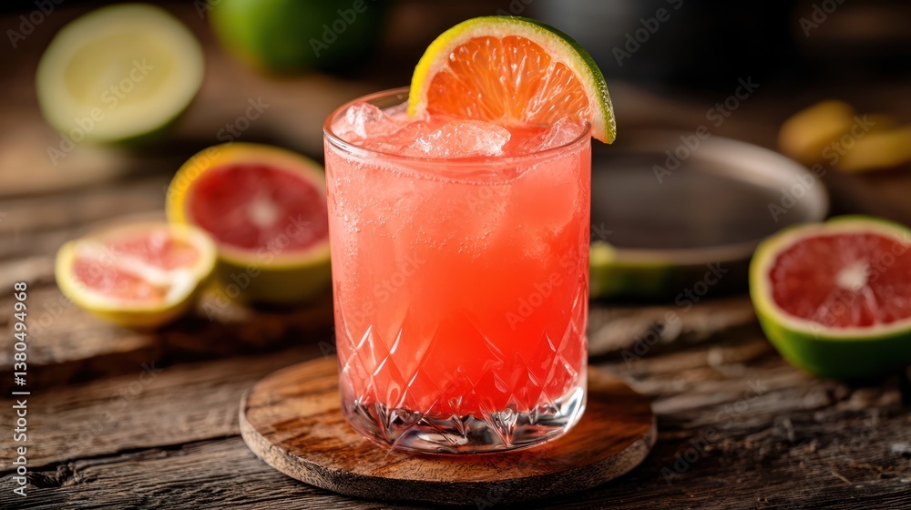 Freshly squeezed fruit juice in a glass with a slice of fruit on the rim. Freshly squeezed fruit juice in a glass with a slice of fruit on the rim.